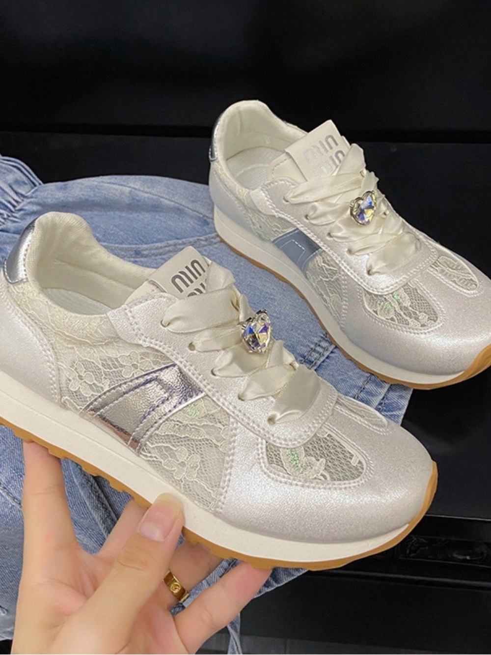Lace Ribbon Detail Women’s White Sneakers - Picture 2 of 8